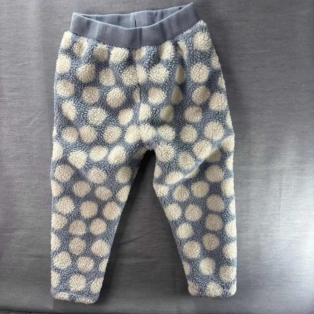 Hanna Andersson 3T Blue White/Cream Polka Dot Fleece‎ 2pc Outfit Set Pants Fuzzy
